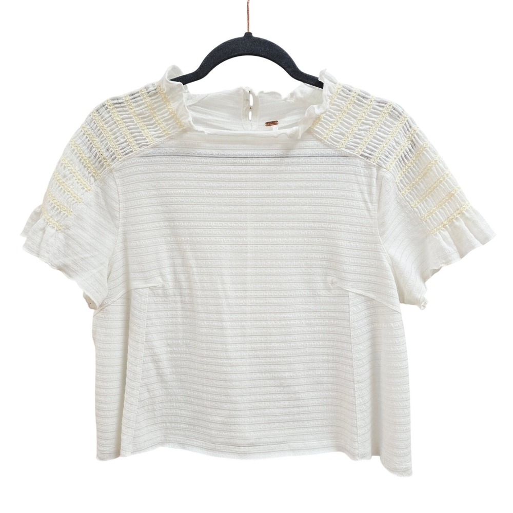 Free People Ivory Smocked Ruffle Neck Flutter Sleeve Textured Top OB1021469 L
